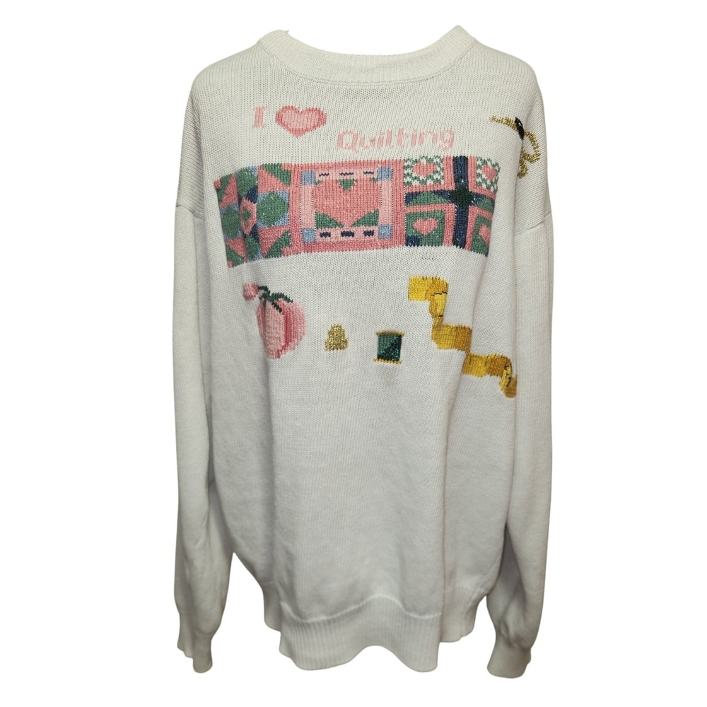 Women's Vintage AE Sewing Themed Sweater Quilting Relaxed L Cottagecore Granny